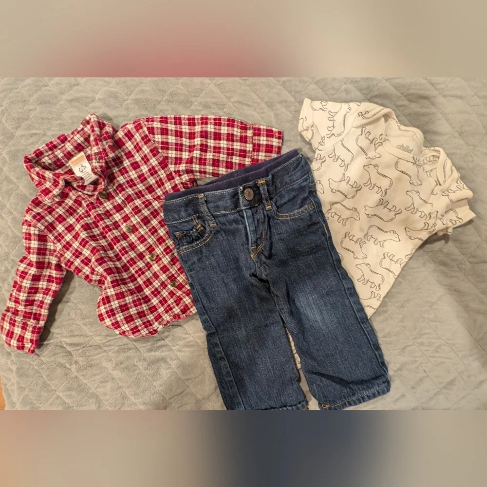 GAP 6-9M Plaid Shirt, Dinosaur Onesie, and Denim Jeans Set